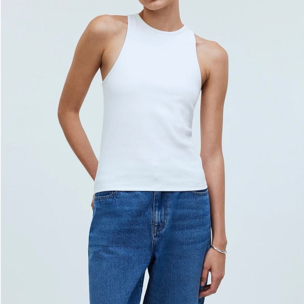 NWT Madewell High Neck Ribbed Racerback Tank In Sleekhold Eyelet White Size XXS